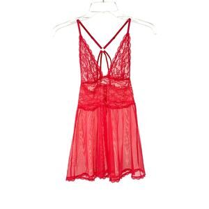 Victoria’s Secret Lace Baby Doll Teddy Sheer Nightie Red Lace XS